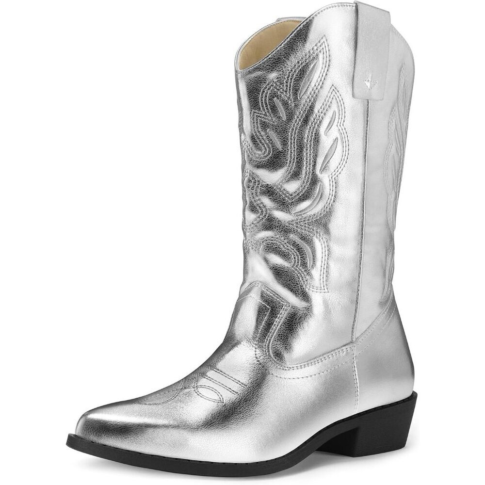 mysoft Women's Silver Western Cowboy Boots Mid Calf Pointed Toe Cowgirl Shoes
